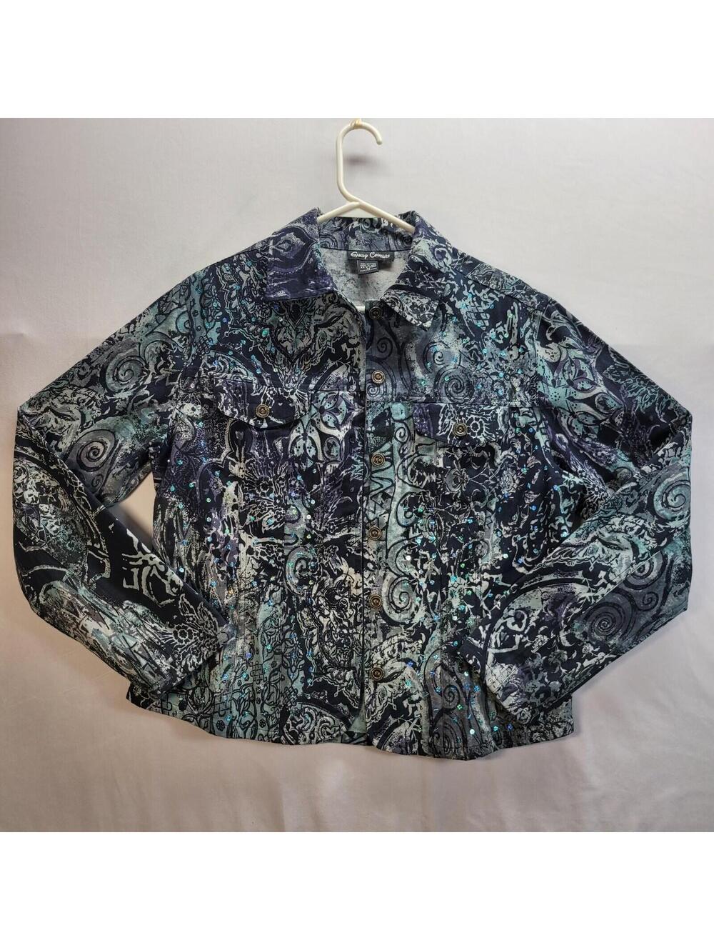 Candy Couture Jacket Womens Size Med Blue Swirly Denim Mod Sequins Modern